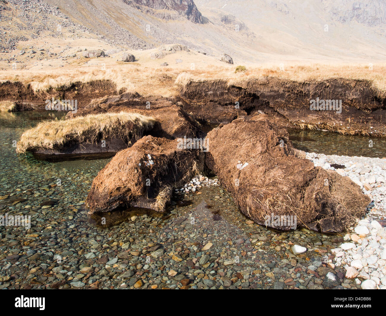 Große Teile des Torf erodiert seitens des oberen Esk von extremen Hochwasserereignissen im Lake District, UK. Stockfoto