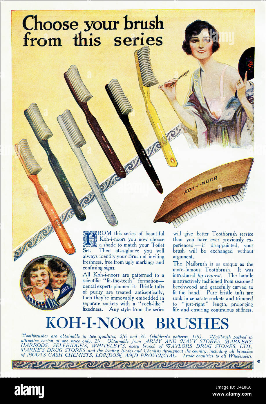 Original 1920er Jahre Ära Vintage Werbung Drucken von englischen Zeitschriftenwerbung KOH-I-NOOR Zahnbürste Stockfoto