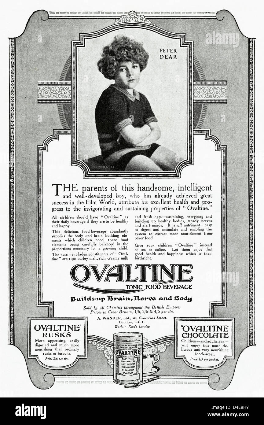 Original 1920er Jahre Ära Vintage Werbung Drucken von englischen Zeitschriftenwerbung Ovomaltine tonische Lebensmittel, Getränke Stockfoto