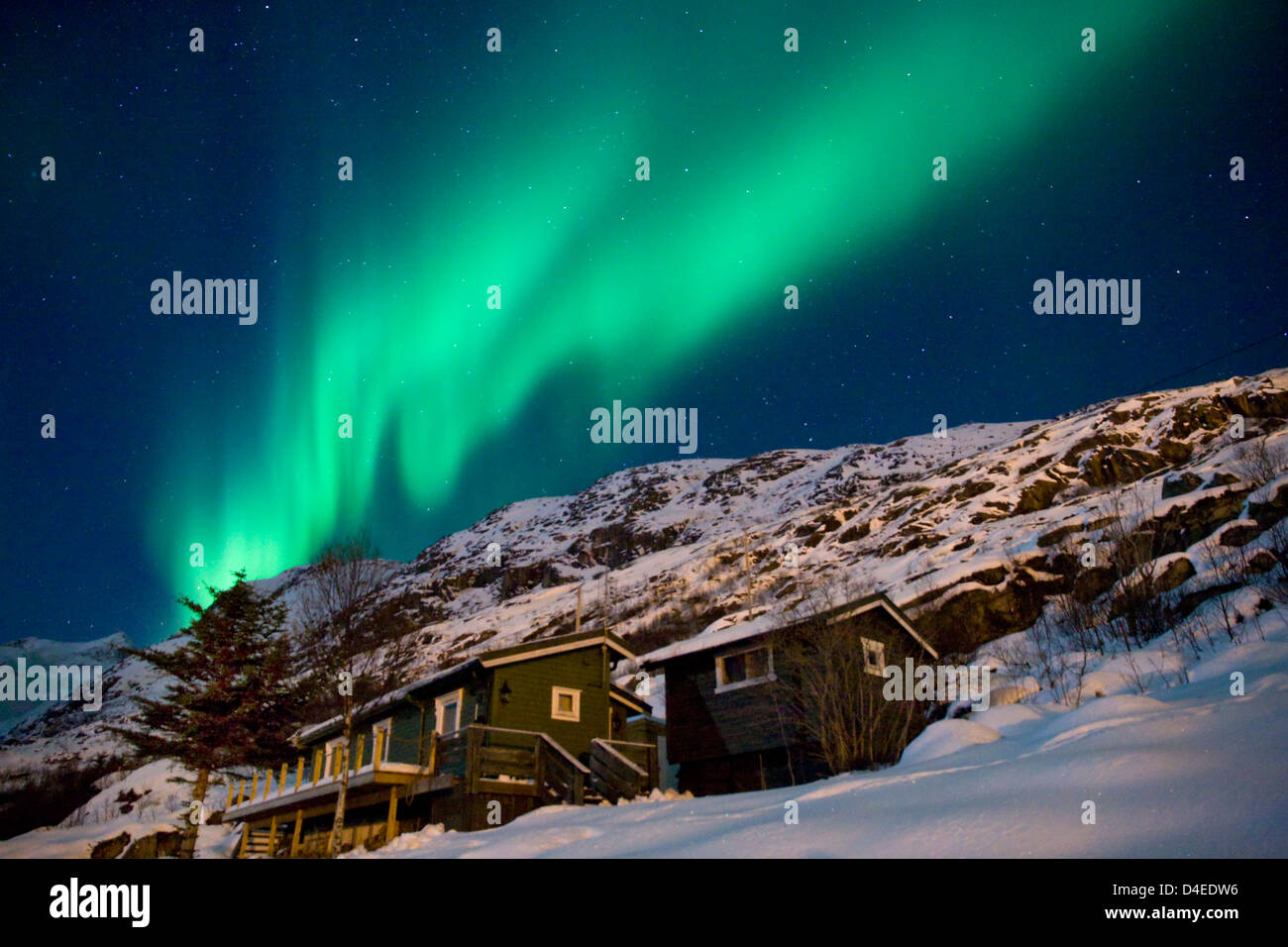 Die Northern Lights tanzen über Hütten am Ersfjorbotn in Tromsø, Norwegen Stockfoto