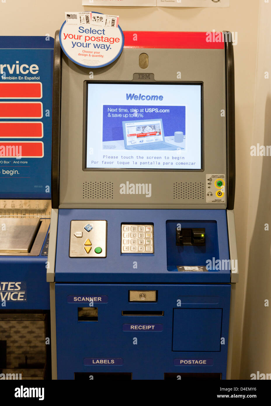 Postal Center-Automaten an den US Post Office Stockfoto