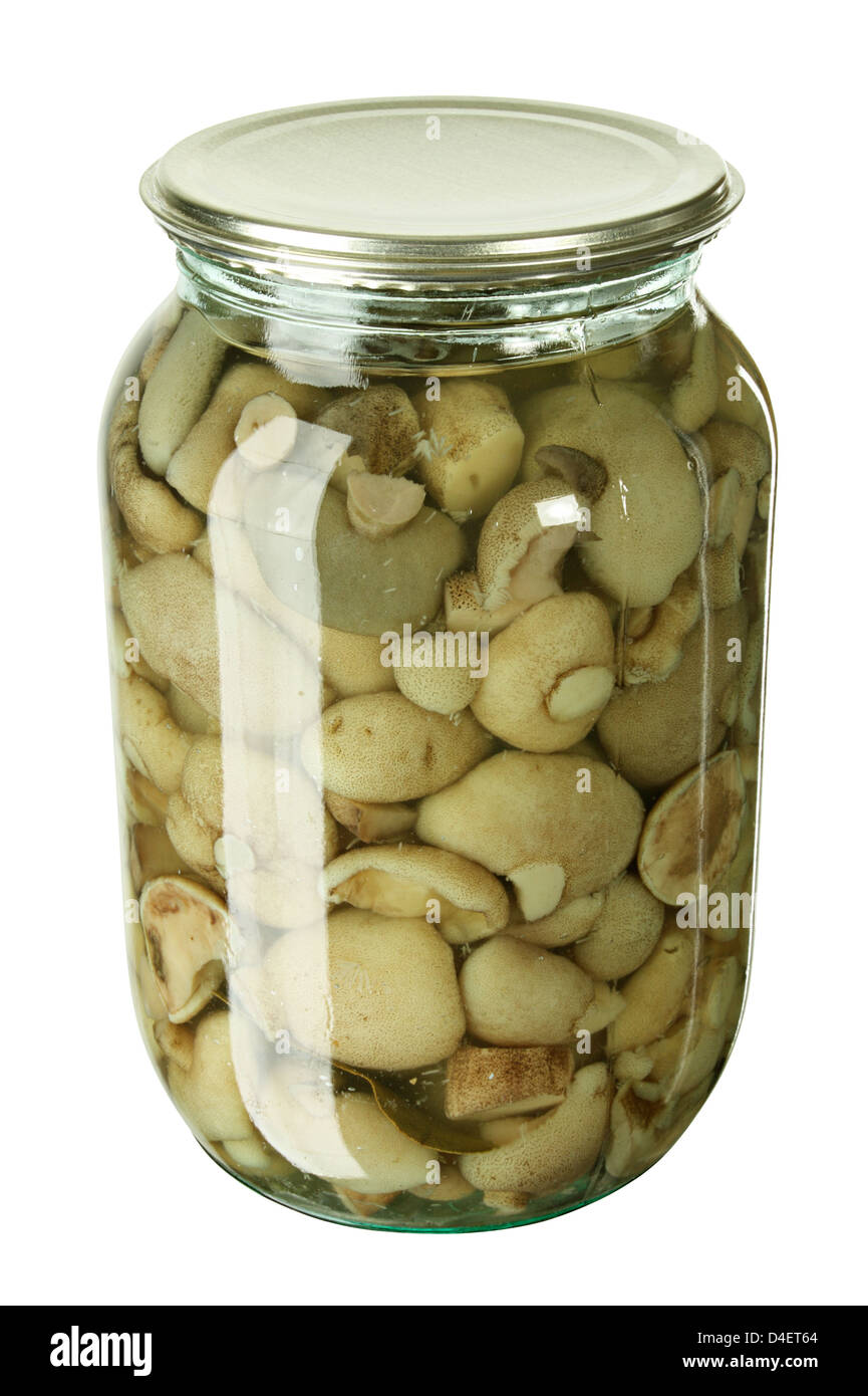 Glas mit marinierten Pilzen isoliert auf weißem Hintergrund Stockfoto