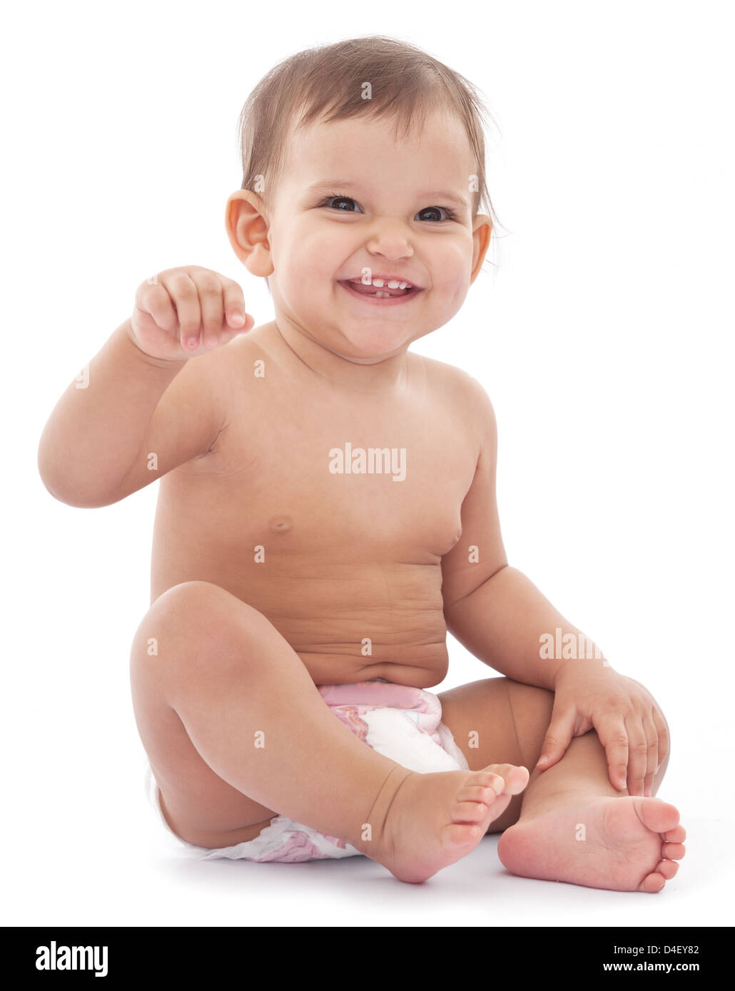 Glücklich 11 Monate Baby isoliert auf einem weißen Hintergrund. Stockfoto