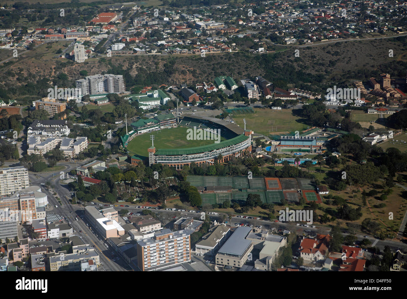 Luftaufnahme des St.-Georgs Park Cricket Ground, Port Elizabeth, Eastern Cape, Kapprovinz, Südafrika Stockfoto