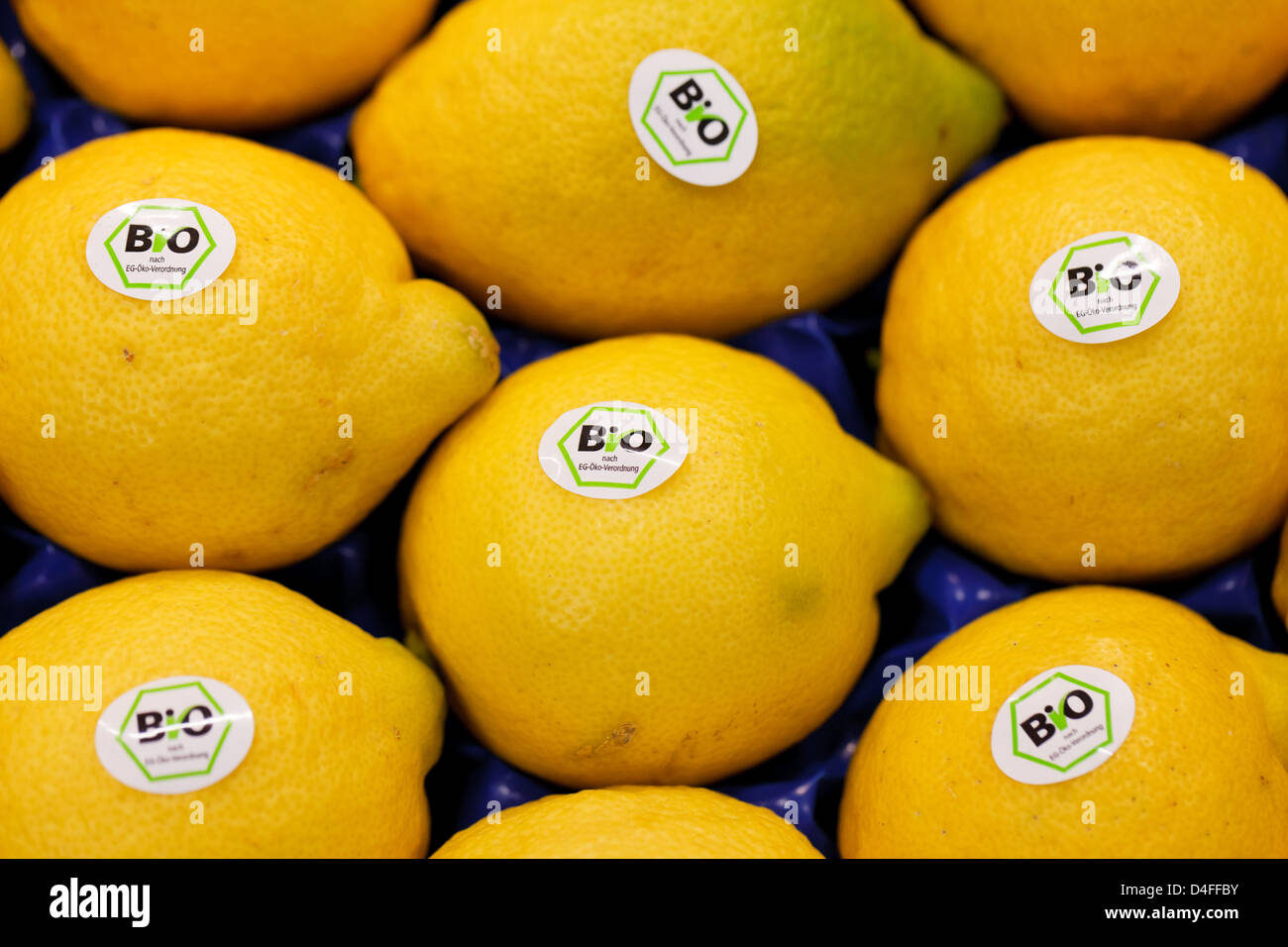 Berlin, Deutschland, Zitrone mit EU-Bio-Logo auf der Fruit Logistica 2011 Stockfoto