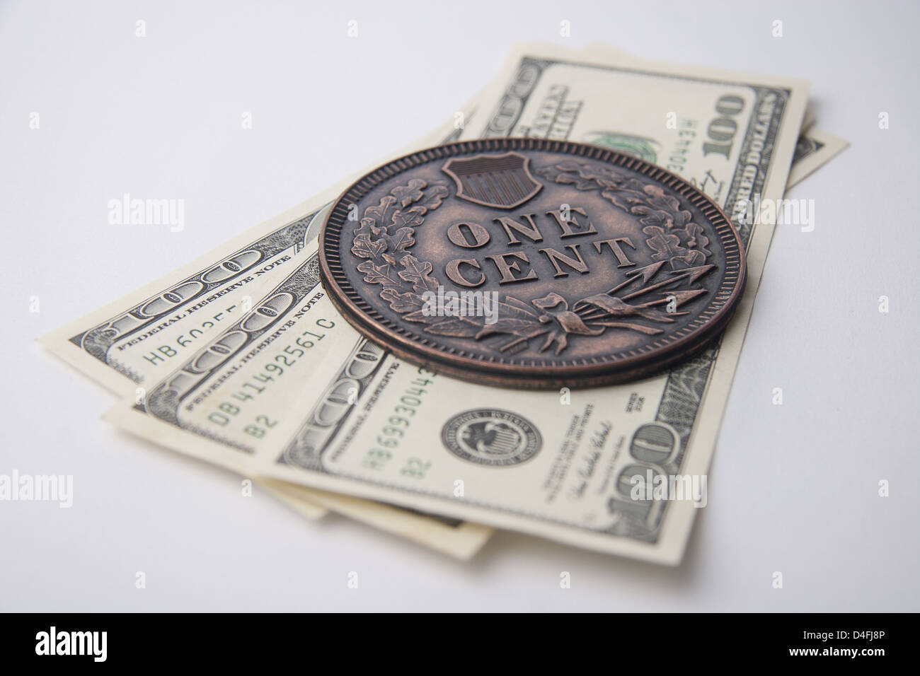 Großen Souvenir-Cent-Münze und Dollar-Scheine Stockfoto