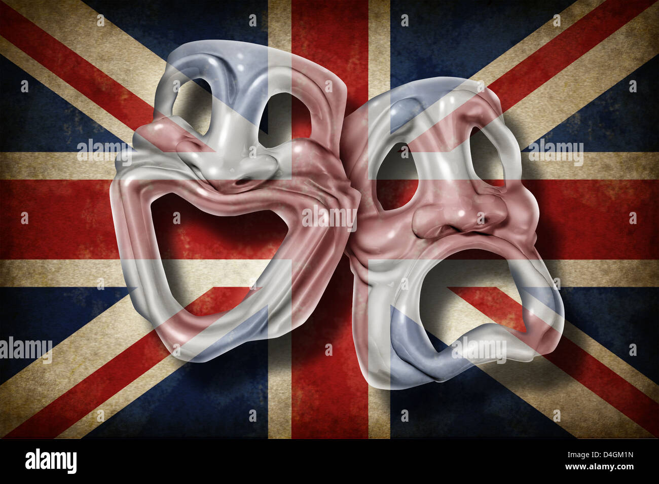 Britischer Theater- und englischen Performing Arts-Konzept mit einer alten Flagge von Großbritannien auf eine Komödie und Tragödie Maske aus der reichen kulturellen Tradition der klassischen Kino und Film in England machen. Stockfoto