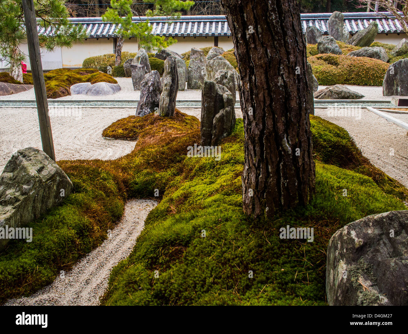 Karesansui Garten in einem buddhistischen Tempel, Koyasan, Japan. Stein, erstellen Moos und Baum eine komplexe und befriedigende Landschaft. Stockfoto