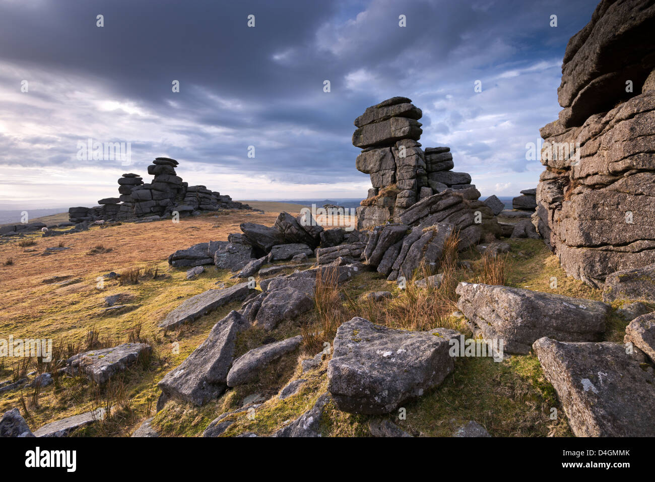 Winternachmittag Licht am großen Grundnahrungsmittel Tor, Dartmoor, Devon, England. Winter (März) 2013. Stockfoto