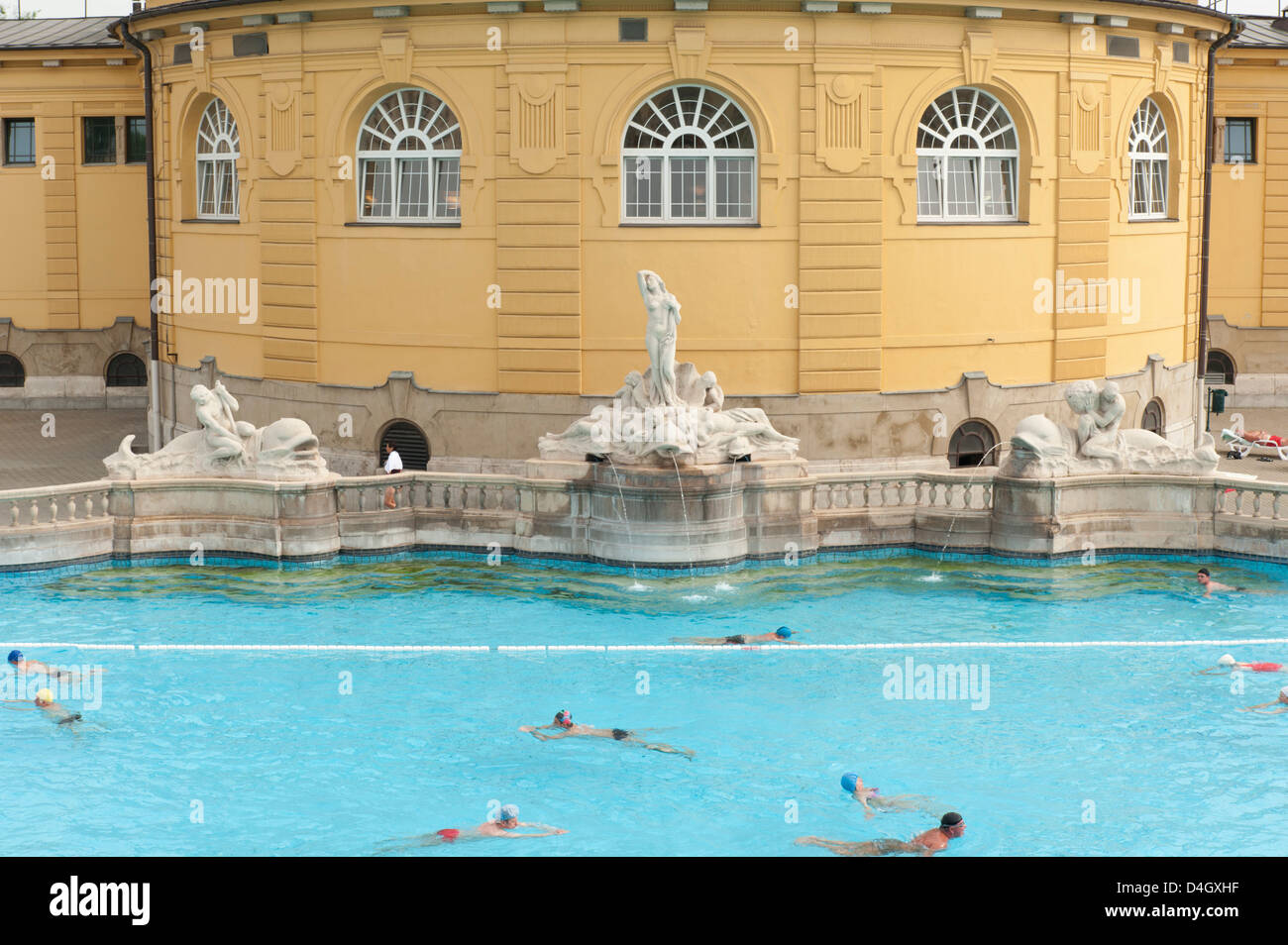 Außenpool mit Männern und Frauen am Széchenyi Thermalbad, Budapest, Ungarn Stockfoto