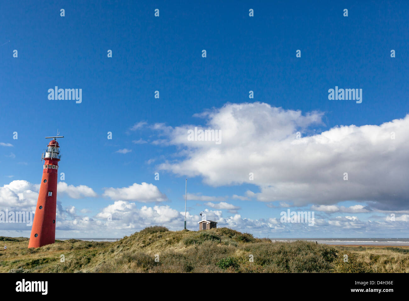 Zeigen Sie mit roten Leuchtturm an, über Dünen und Heide, Schiermonnikoog, West Ostfriesischen Inseln, Niederlande (Holland) Stockfoto