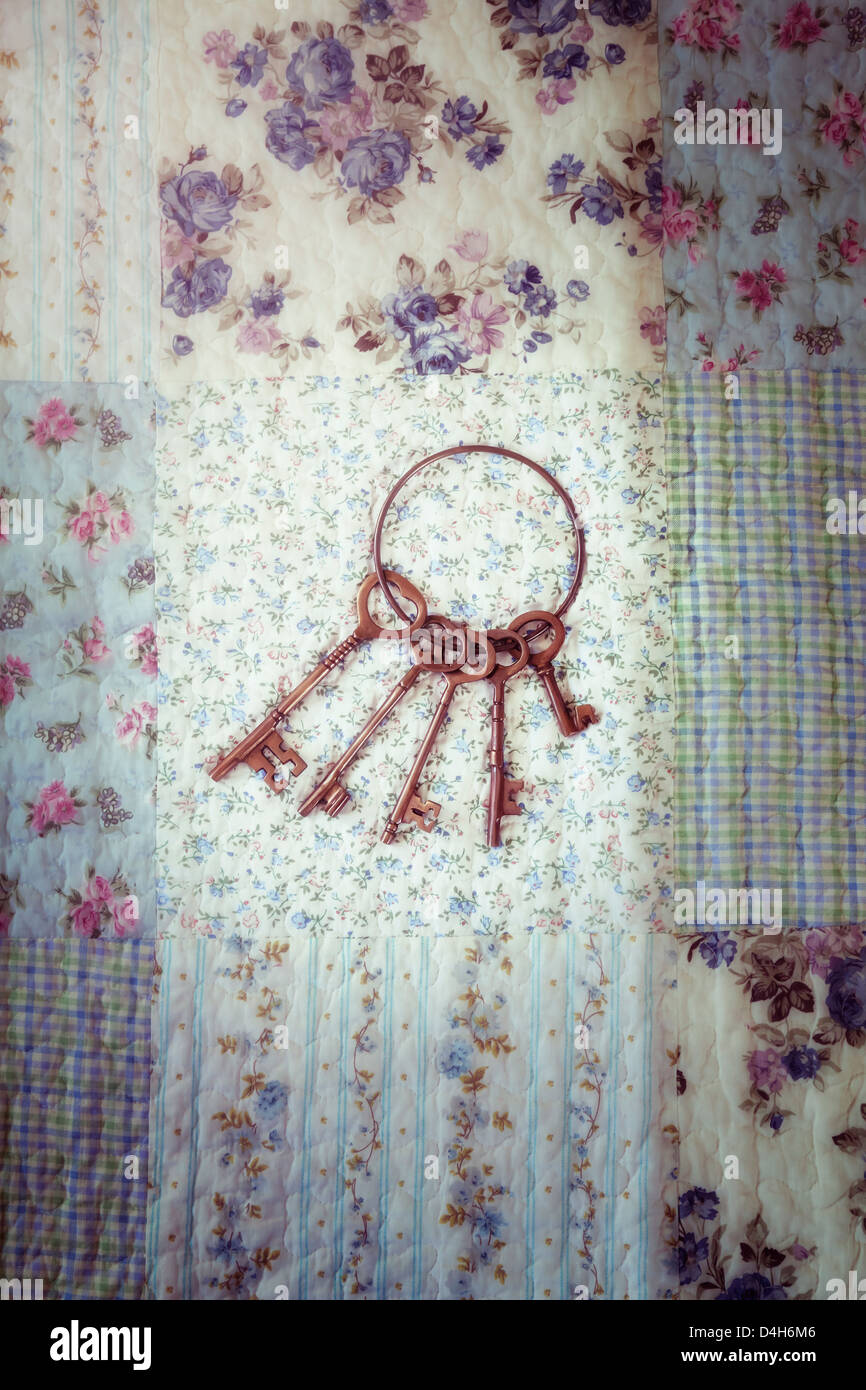 eine alte Schlüsselring mit einem Schlüsselbund auf ein Vintage plaid Stockfoto