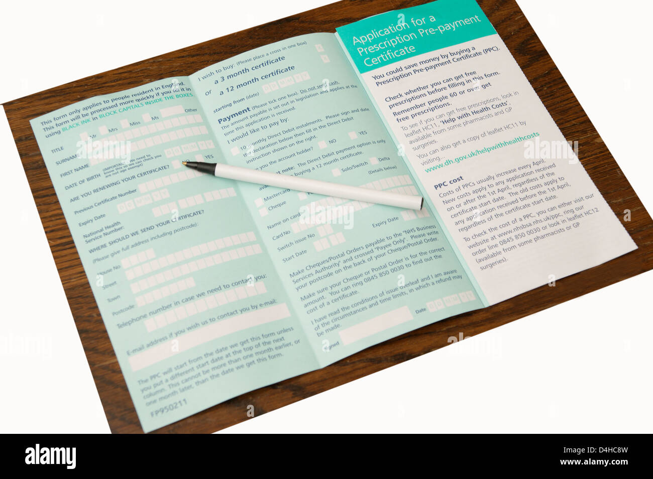 Appplication Formular für die Beantragung ein Rezept Vorauszahlung Zertifikat (PCC) spart Geld, wenn 4 oder mehr Elemente sind erforderlich Stockfoto