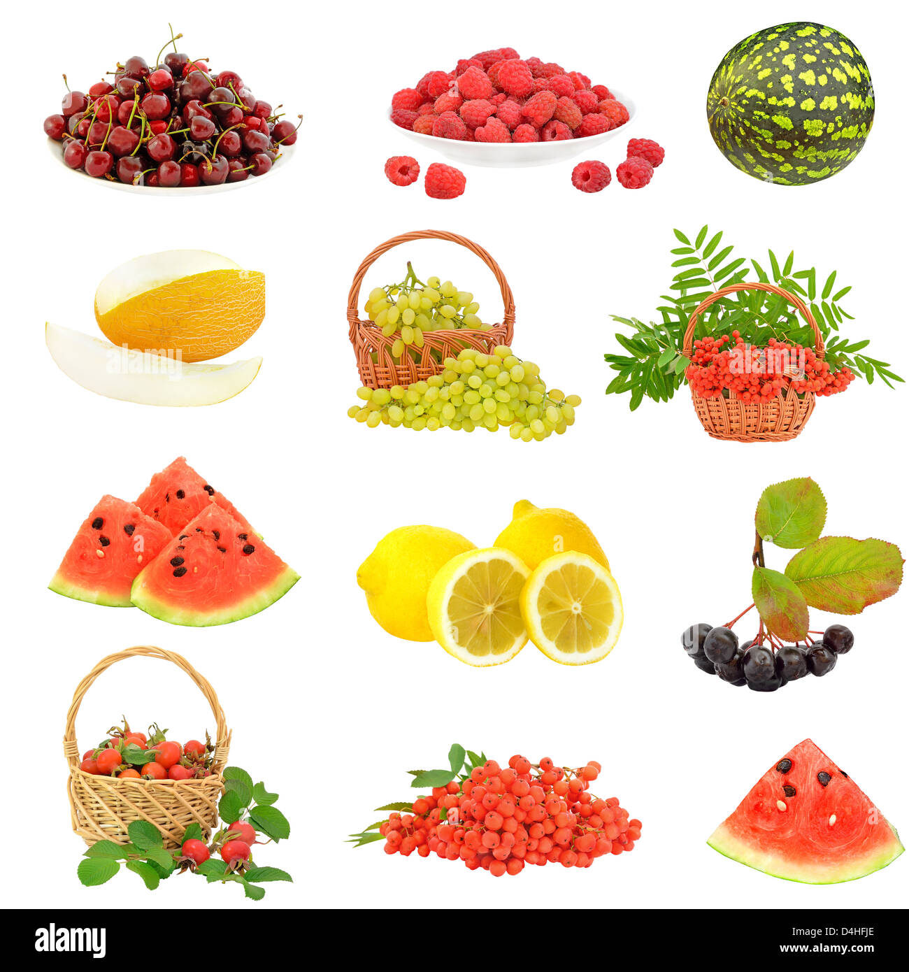 Set mit Obst und Beeren, die isoliert auf weißem Hintergrund Stockfoto