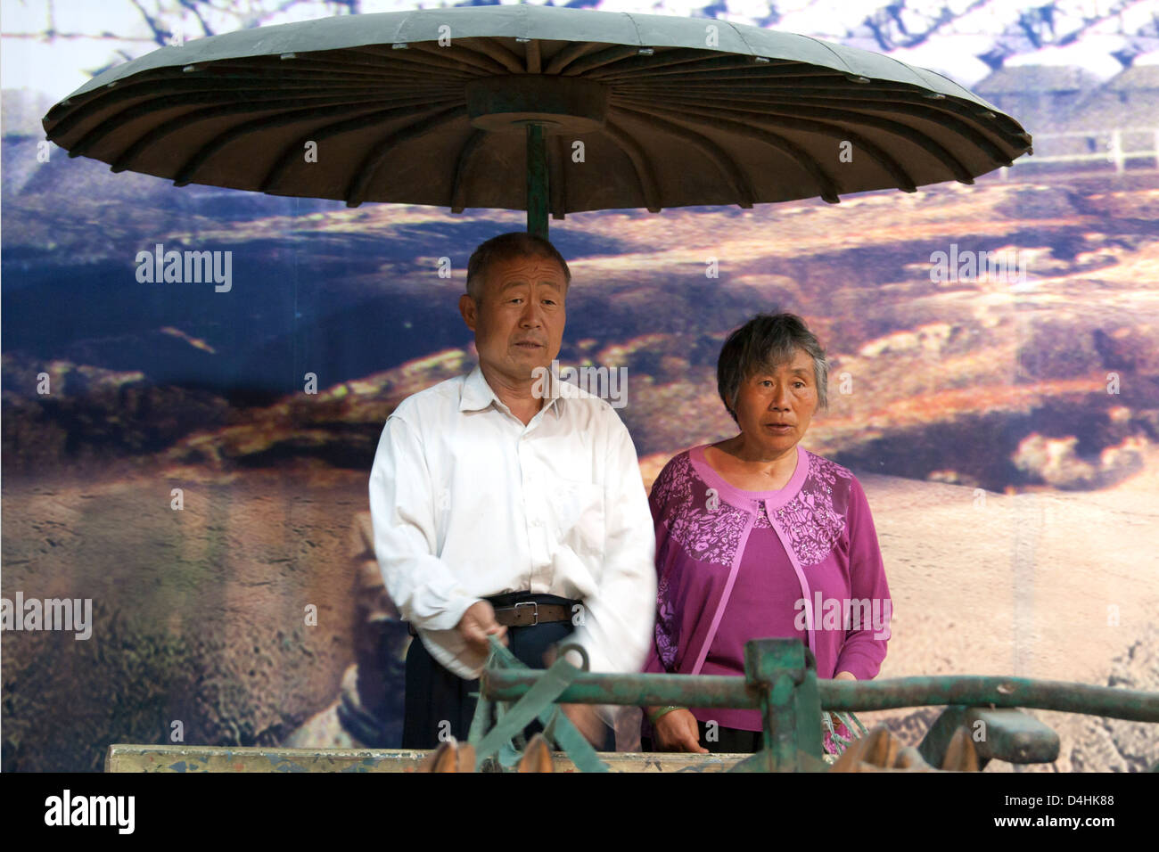 Ein chinesisches Ehepaar posieren auf einem Replikat-Wagen auf der Website des Museum der Terrakotta-Krieger XI China Stockfoto