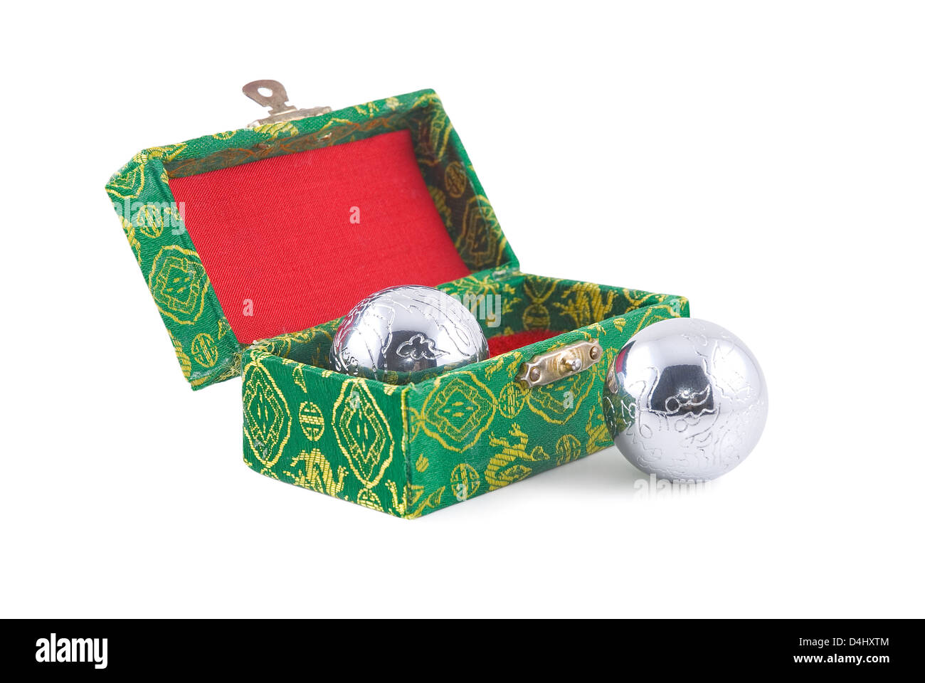 Das chinesische Souvenir - Metall zwei Kugeln in einer Box grün-rot Stockfoto