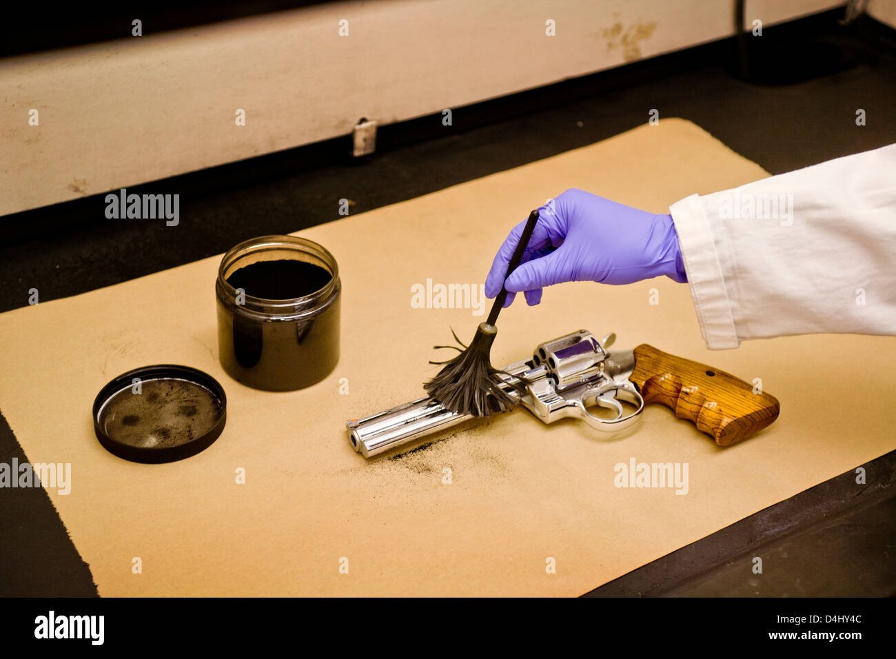 Santa Ana, CA, Police Department Forensik Labor, ein Techniker Bürsten schwarzen Fingerabdruck-Pulver auf eine Pistole Stockfoto
