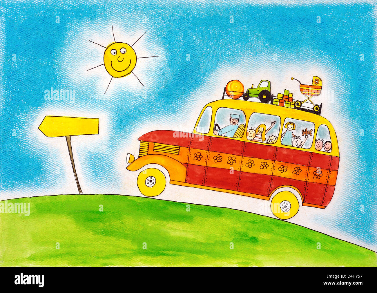 Schulbus-Reise, Kinder Zeichnung, Aquarell, cartoon Stockfoto