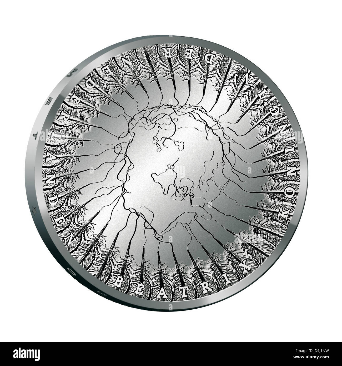 (HANDOUT) Ein undatiertes Handout von Königliche Niederländische Münze zeigt eine Sonderausgabe-Münze mit dem stilisierten Porträt der niederländischen Königin Beatrix. Die Münze, die dem Frieden von Utrecht vor 300 Jahren gedenkt enthält das Porträt des 75 Jahre alten Monarchen umgeben von 35 Gänsefedern, nach der königlichen niederländischen Münze in Utrecht am 14. März 2013. Die Federn sind die 35 Delegationen aus sieben Ländern teilnahmen, die Unterzeichnung des Friedensvertrages am 11. April 1713. Foto: Koninklijke Nederlandse Munt (Achtung: für den redaktionellen Gebrauch nur mit der Benennung der vollständige Quellcode. Foto: Koninklijke Stockfoto