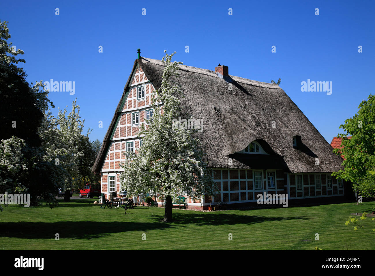 Altes Land, Altes Land, strohgedeckten alten Bauernhaus an der Este Deich, Niedersachsen, Deutschland Stockfoto