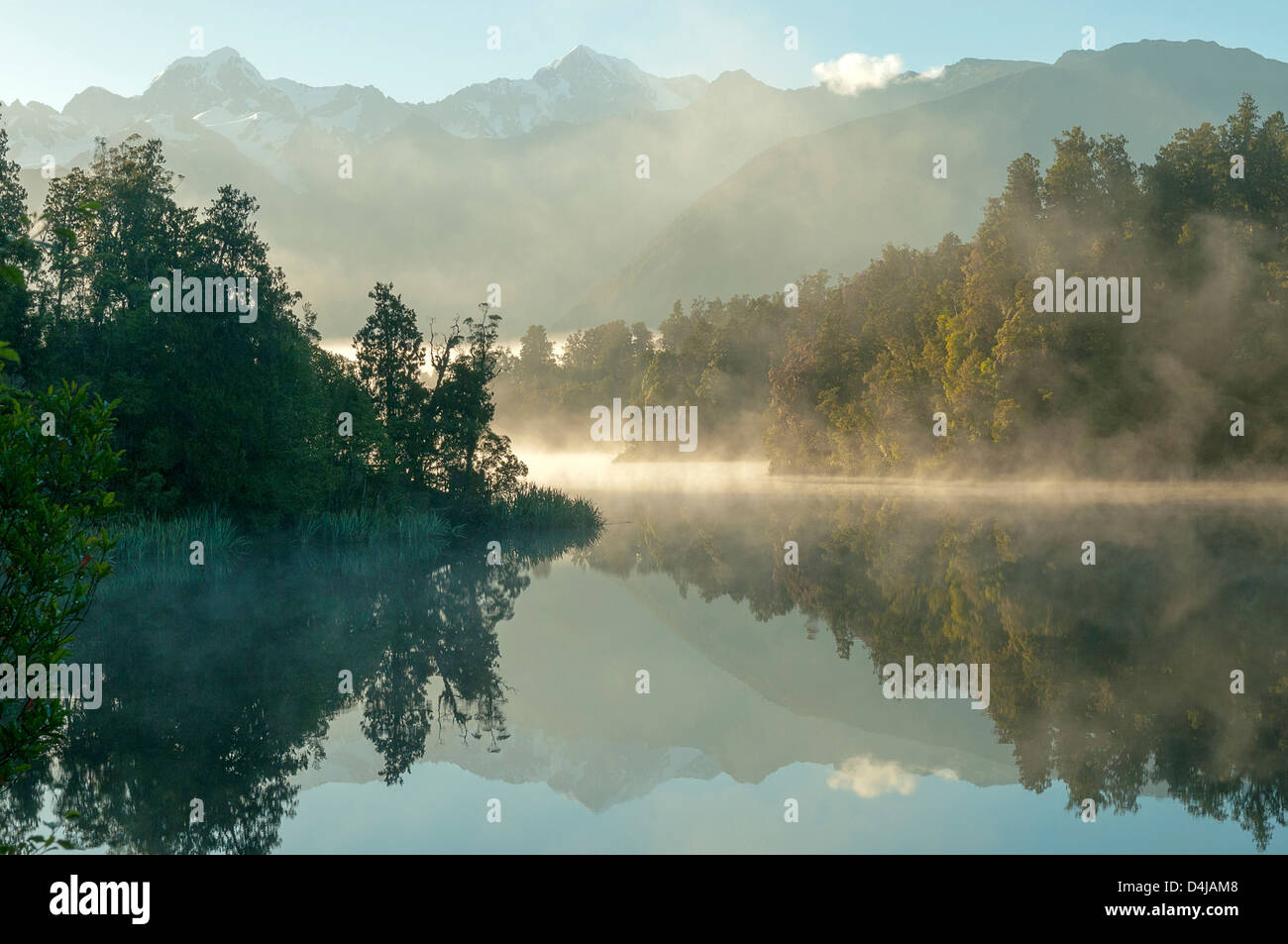 Am frühen Morgen am Lake Matheson, in der Nähe von Fox Glacier, West Coast, New Zealand Stockfoto