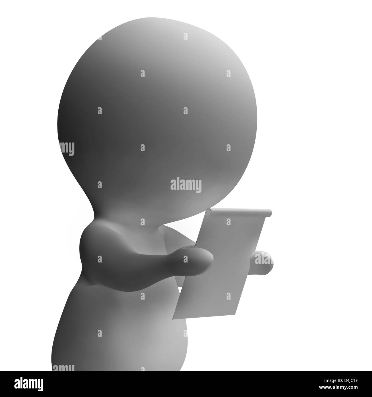 Blatt oder Ankündigung angeschaut und gelesen von 3d Charakter Stockfoto