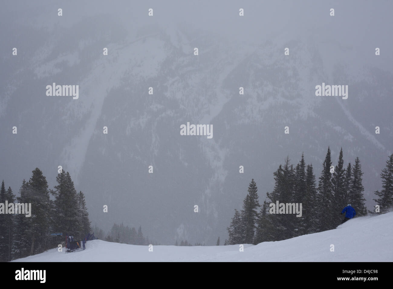 Verschneite Pisten und nebligen Felswand am Norqay Skigebiet im Banff Nationalpark in Alberta Stockfoto