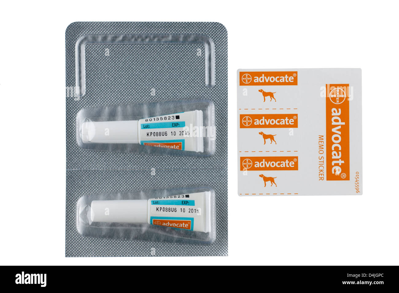 Bayer Advocate interne und externe tierische Parasiten Schutz zwei Pipetten und Memo-sticker Stockfoto