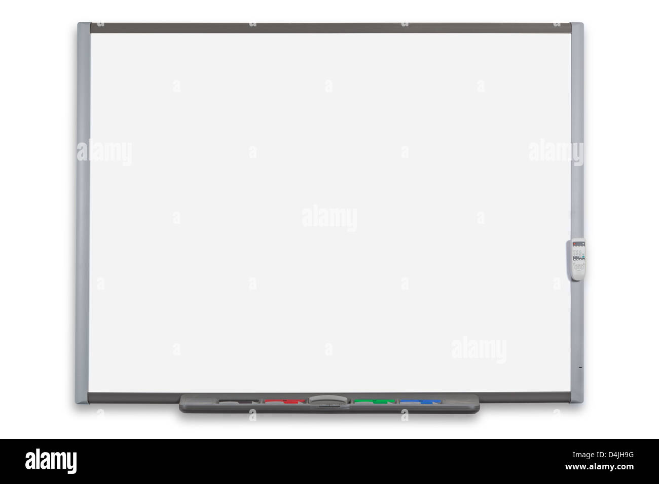 Schule interaktive Whiteboard oder IWB mit Fernbedienung, isoliert auf einem weißen Hintergrund. Stockfoto