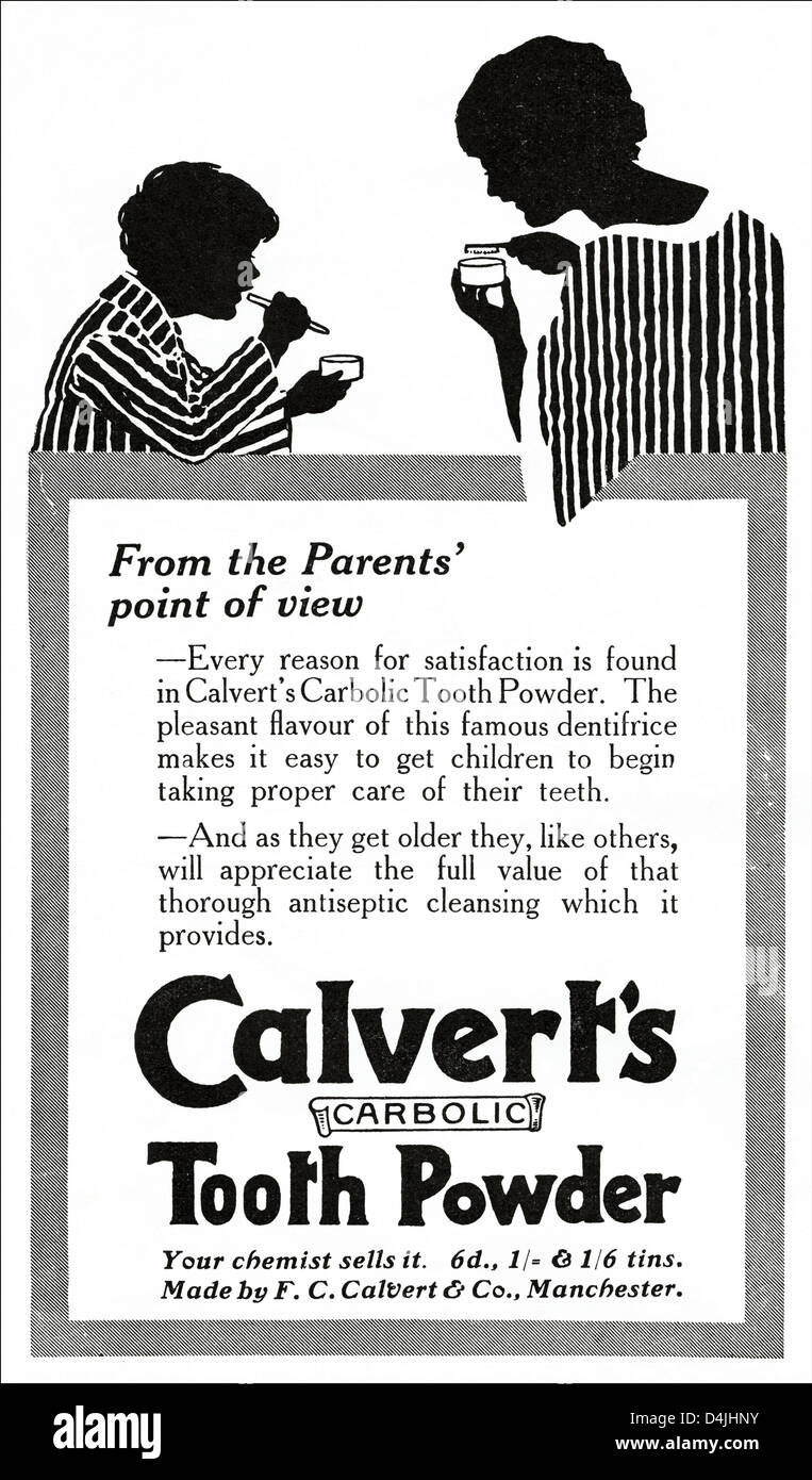 Original 1920er Jahre Periode Vintage Werbung Drucken von englischen Magazin Werbung CALVERT FRESSER ZAHNPULVER von Manchester England UK Stockfoto