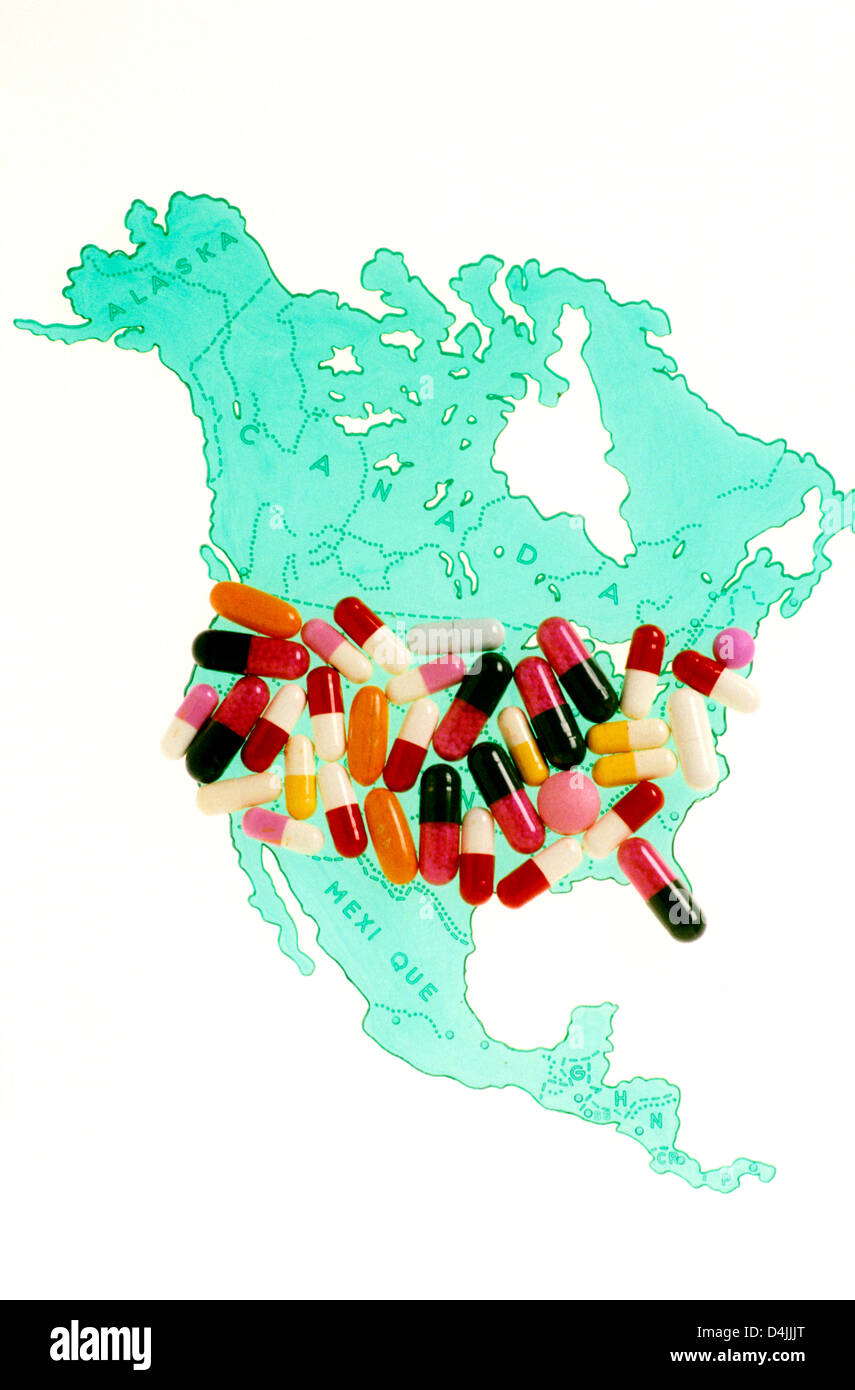 Karte von Amerika und Pillen - Gesundheitswesen / Krankenversicherung-Konzept Stockfoto