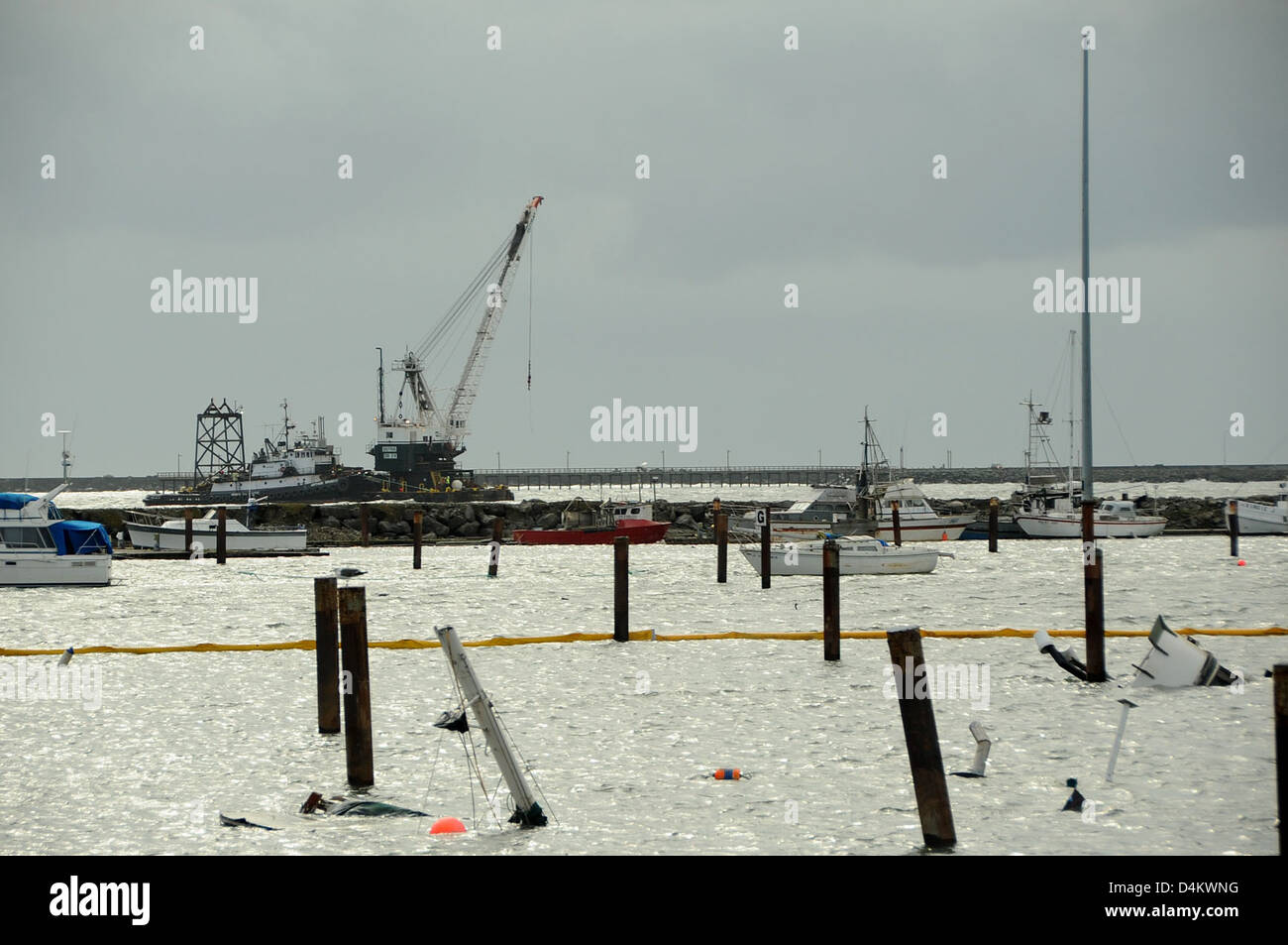 Ein Krankahn kam in Crescent City, Kalifornien an, um Umweltverträglichkeitsprüfungen und Sanierungsmaßnahmen in der Region zu unterstützen, koordiniert von der US-Küstenwache, dem California Department of Fish and Game und dem Unified Command. Stockfoto