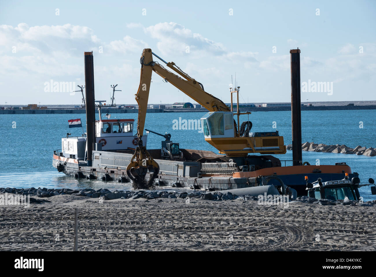 Bagger-Schiff, die Arbeiten am neuen Hafen Europoort in Holland Stockfoto