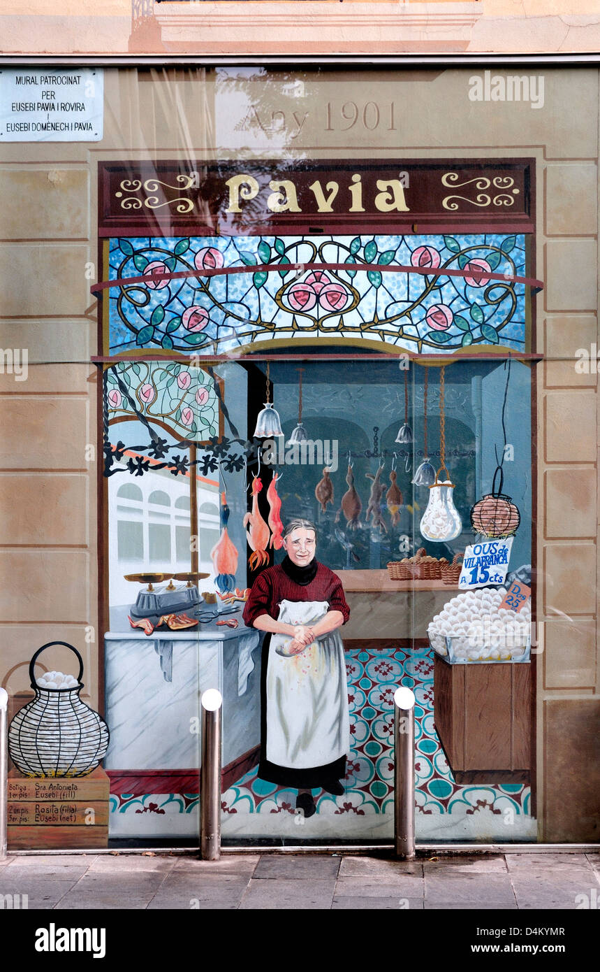 Barcelona, Katalonien, Spanien. Trompe-l ' oeil Wandgemälde im Placa de Sant Cugat (hinter Glas konserviert) Stockfoto