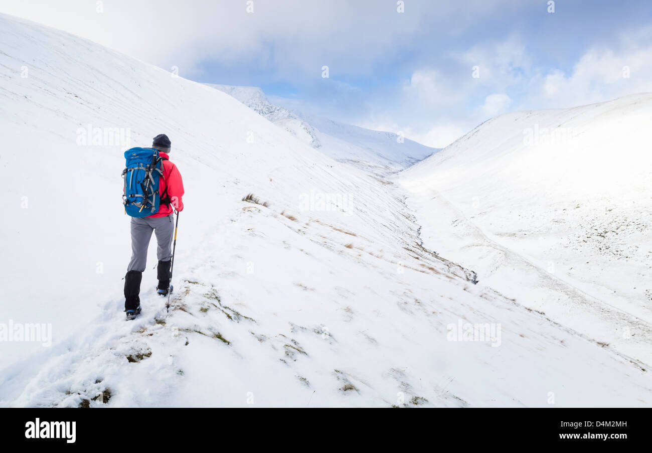 Ein Wanderer Klettern scharfe Kante auf Route auf den Gipfel des Blencathra (Saddleback) im Lake District. Stockfoto