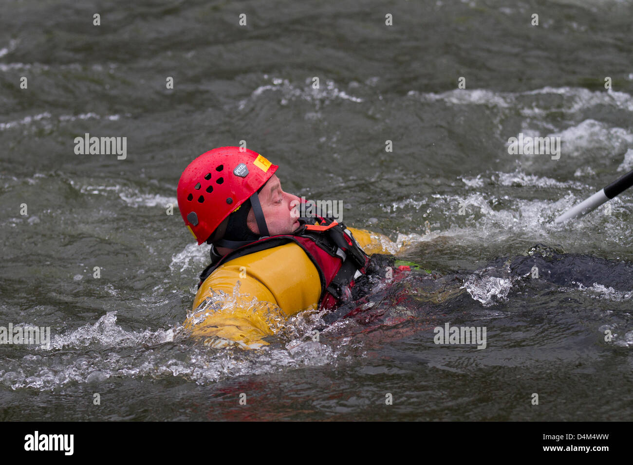 Swiftwater Rescue Technician Kurs und Hochwasser. Trainee Feuerwehrleute an der Teufelsbrücke in Kirby Lonsdale, England Freitag, 15 März, 2013. Mitglieder der Barrow-in-Ofen und Kendal Swiftwater Rescue Technician Kurs und Hochwasser. Feuerwehr Rescue Unit, das Tragen von Schutzhelmen und Petzl Rescue 800 PFD Bouyancy Beihilfe mit Aqua-Tek X480 Tauchen Trockentauchanzug, die sich einer jährlichen Flut & Swift Wasserrettung 3 Ausbildung auf dem Fluss Lune am Kirby Lonsdale, Cumbria, Großbritannien. Stockfoto