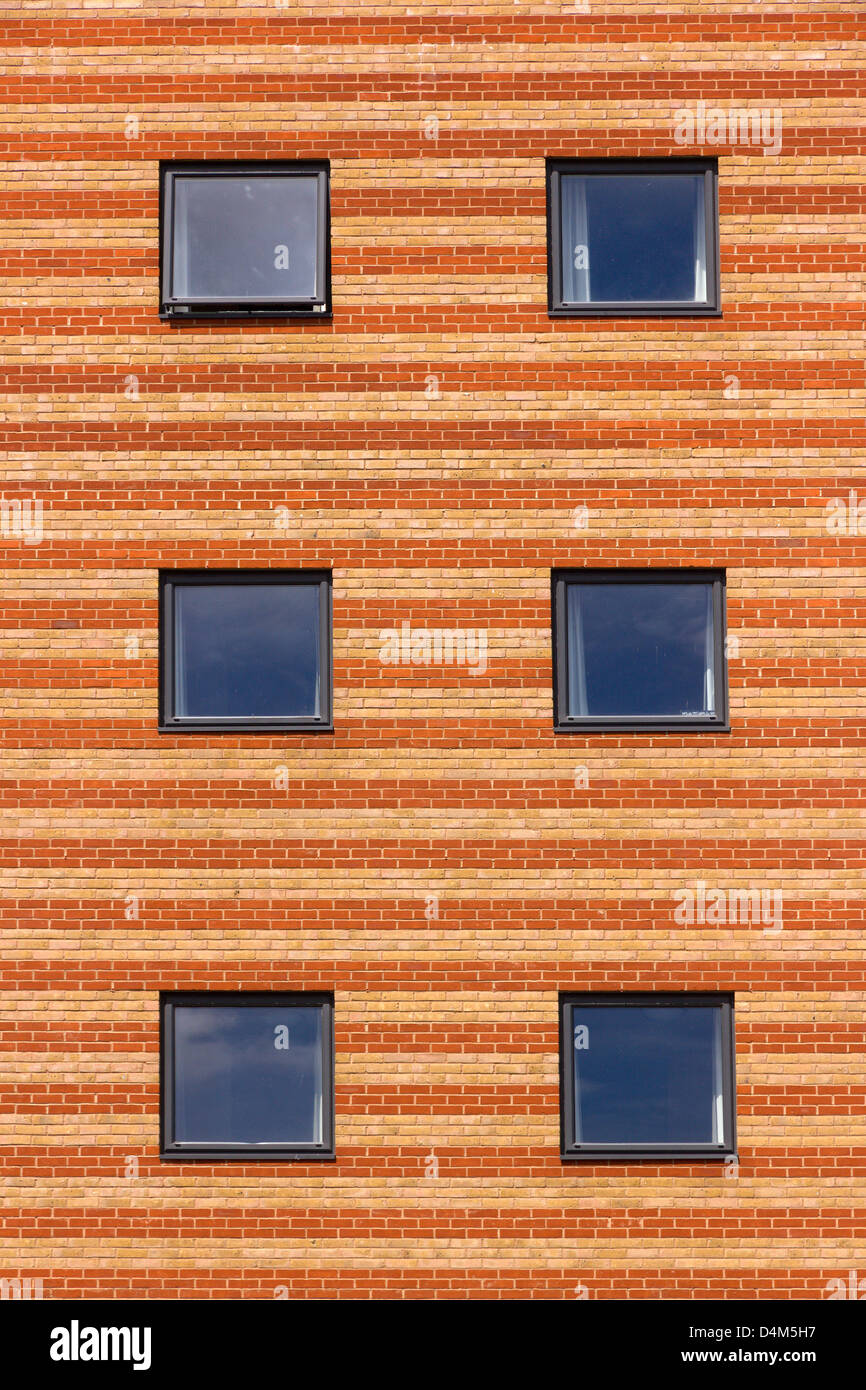 Sechs rechteckige Fenster in zwei Ton gestreift Verklinkerung der modernen Wohnung Block, Loughborough, Leicestershire, England, UK. Stockfoto