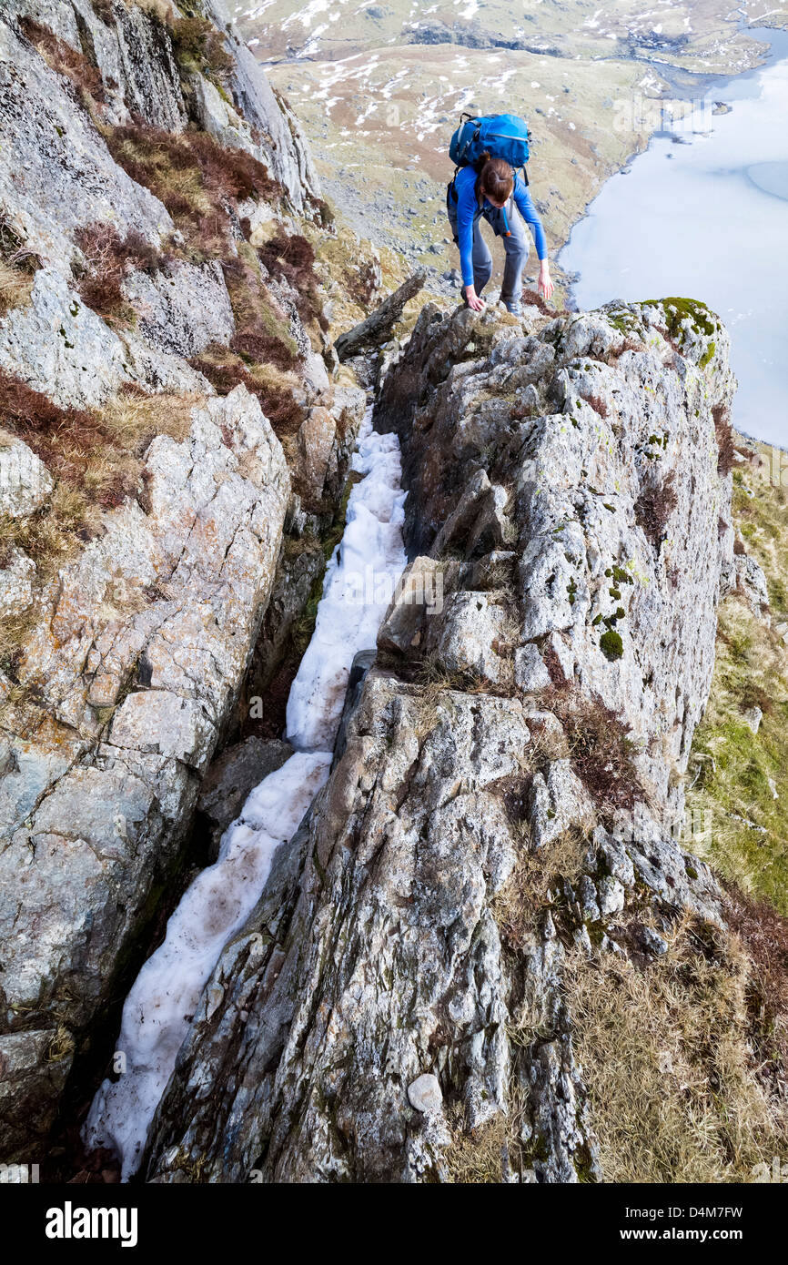 Ein Wanderer, aufsteigend von einem Bergrücken auf Jacks Rechen auf Pavey Arche im Lake District. Stockfoto