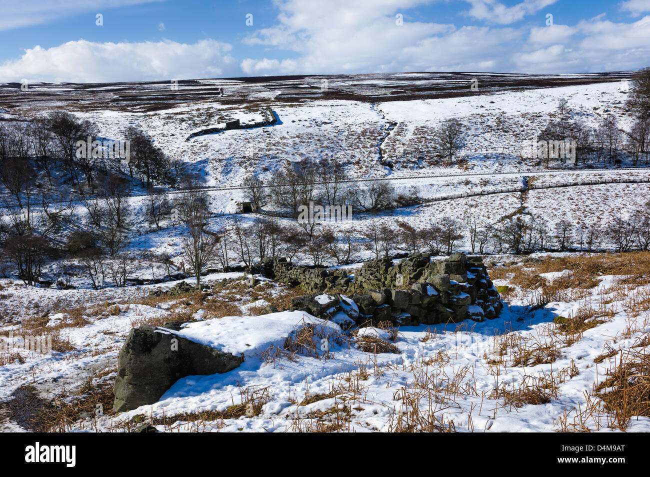 Schneebedeckte Steinmauer und Moorland in North York Moors National Park in der Nähe von Dorf Goathland in North Yorkshire. Stockfoto