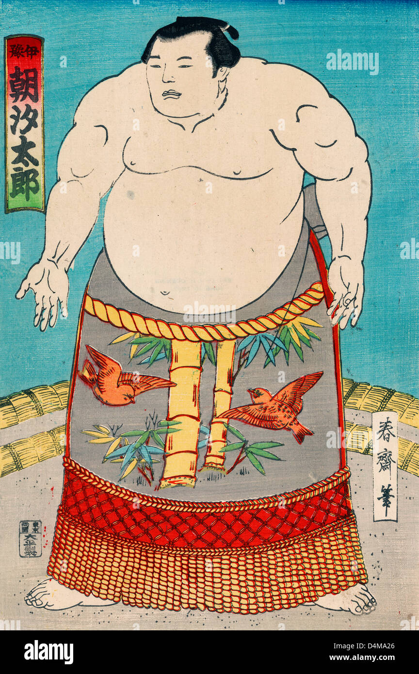 Der Sumo-Ringer verliefen Taro, Porträt, stehend, Verkleidung leicht links tragen Taille wickeln mit Vögel und Bambus-Motiv, um 1880 Stockfoto