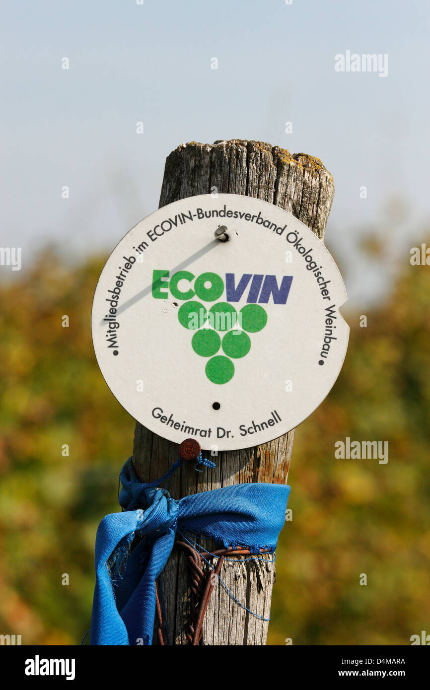 Guntersblum, Deutschland, Abzeichen mit der Angabe der ökologisch bewirtschafteten Weinberg Stockfoto