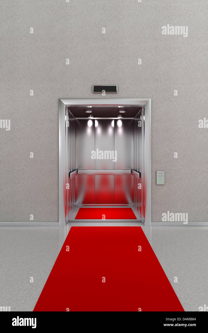 Wirtschaftslobby mit offenen Aufzug mit rotem Teppich Stockfoto