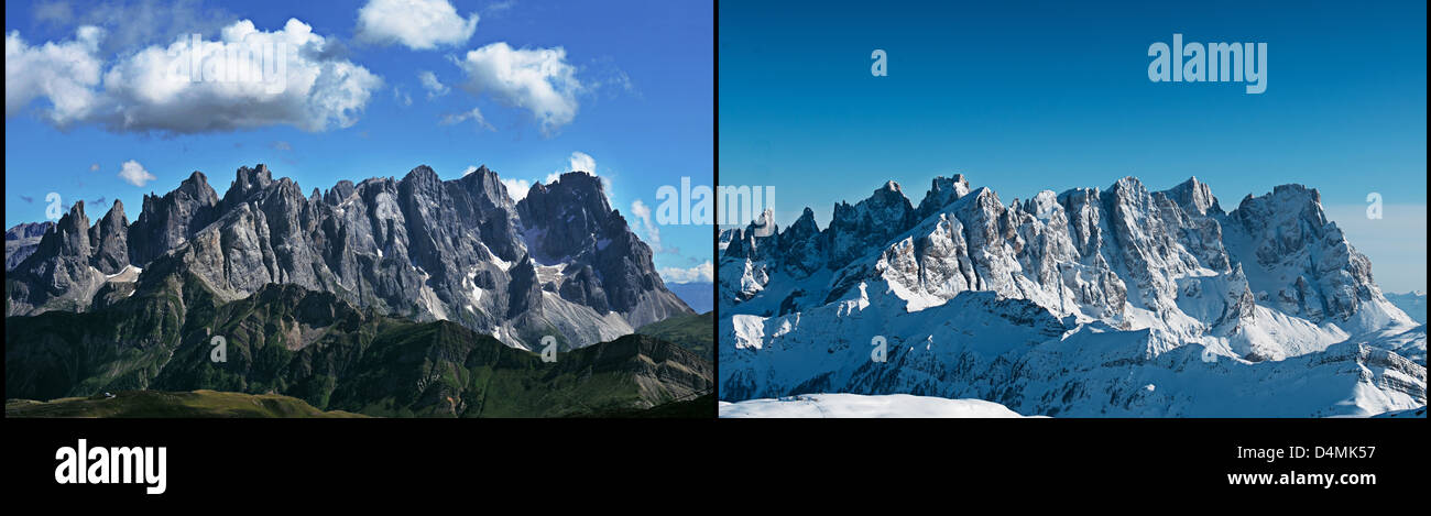 Alpen Gruppo blass San Martino Vergleich Sommer Winter Trentino Alto Adige Passo San Pellegrino Stockfoto