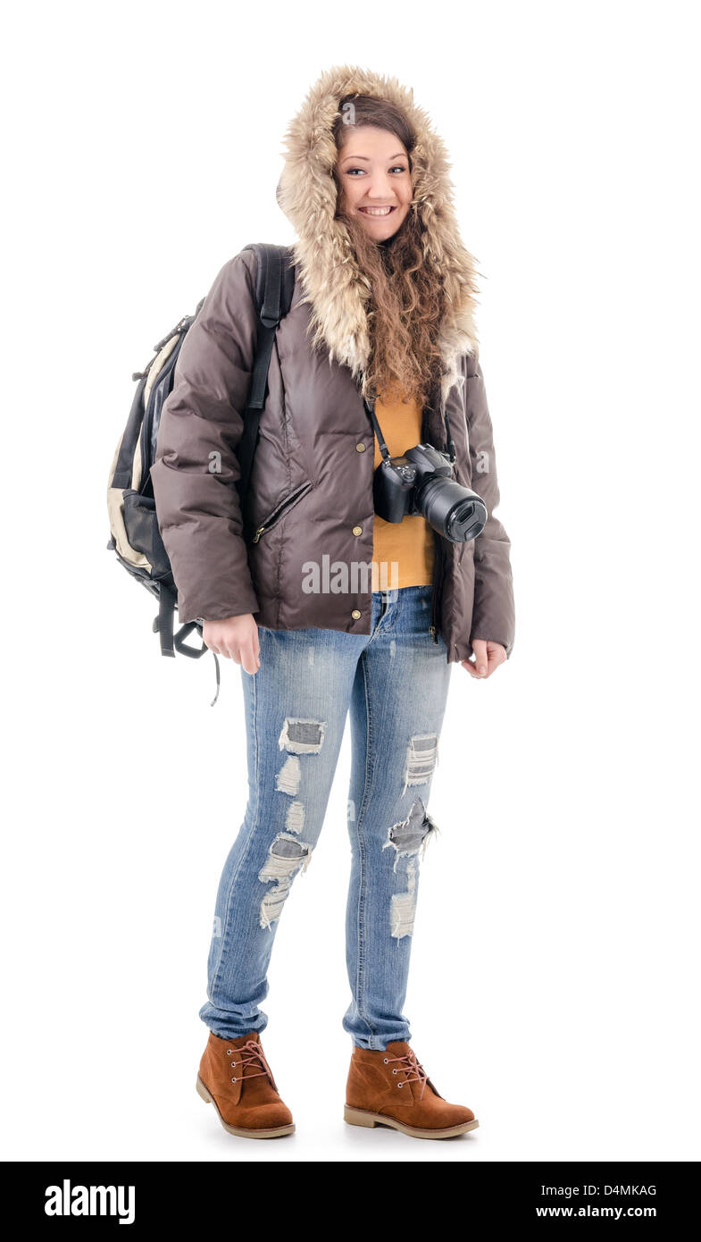 Abbildung eines Mädchens - Tourist in Winterkleidung Stockfoto