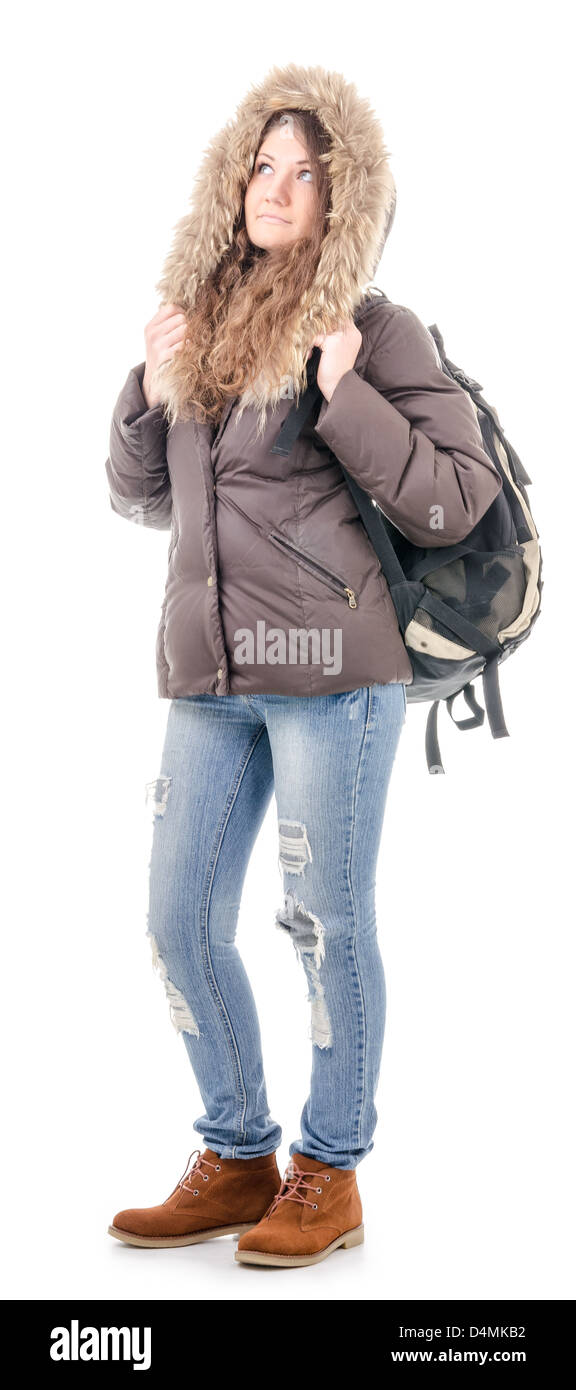 Abbildung eines Mädchens - Tourist in Winterkleidung Stockfoto