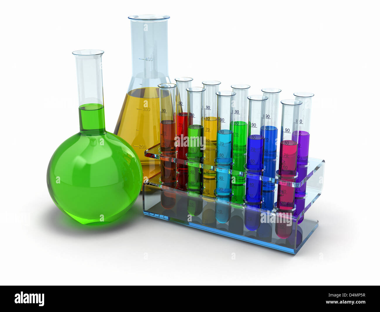 Wissenschaftliche Forschung. Glas-Reagenzgläser mit Reagenz. 3D Stockfoto