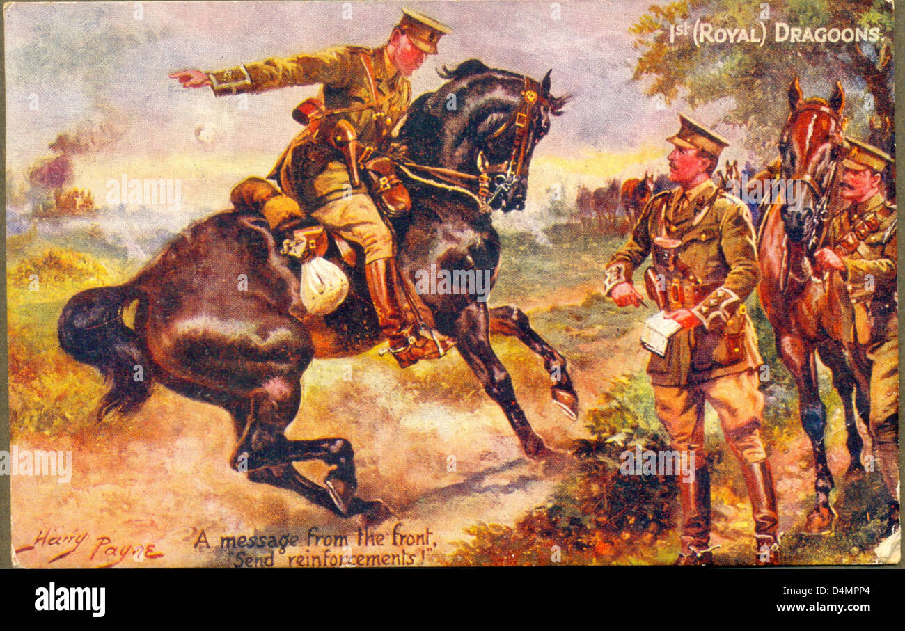 Weltkrieg eine Postkarte mit 1. königlichen Dragoner des Künstlers Harry Payne.   Veröffentlicht von Raphael Tuck & Söhne. Stockfoto