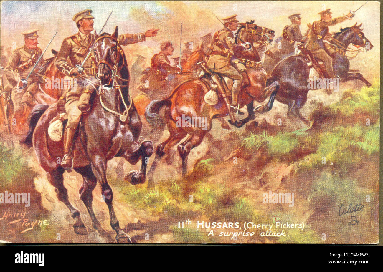 Weltkrieg eine Postkarte mit 11. (Prinz Albert Own) Husaren des Künstlers Harry Payne. Stockfoto
