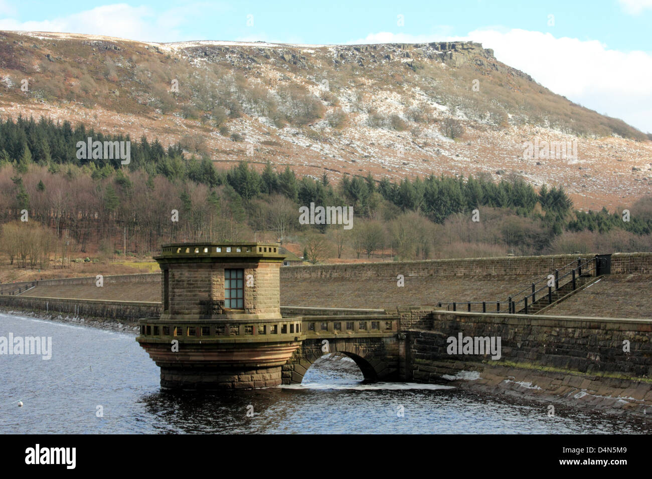 Ladybower Damm mit Bamford Kante zur oberen Ansicht Stockfoto