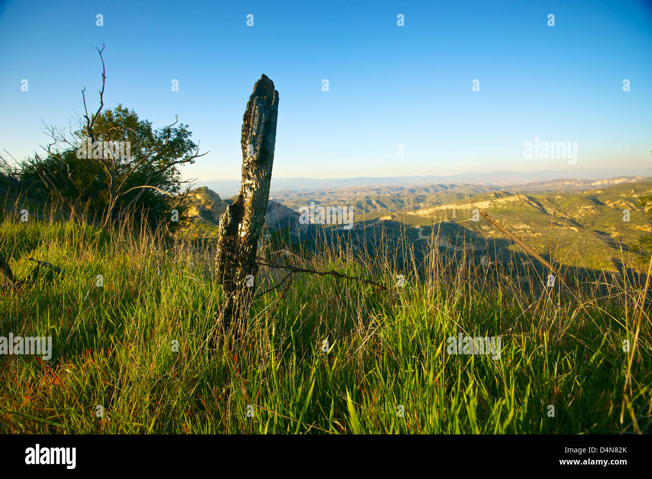 Reste einer alten verrosteten Stacheldrahtzaun in den Hügeln von Südkalifornien Stockfoto